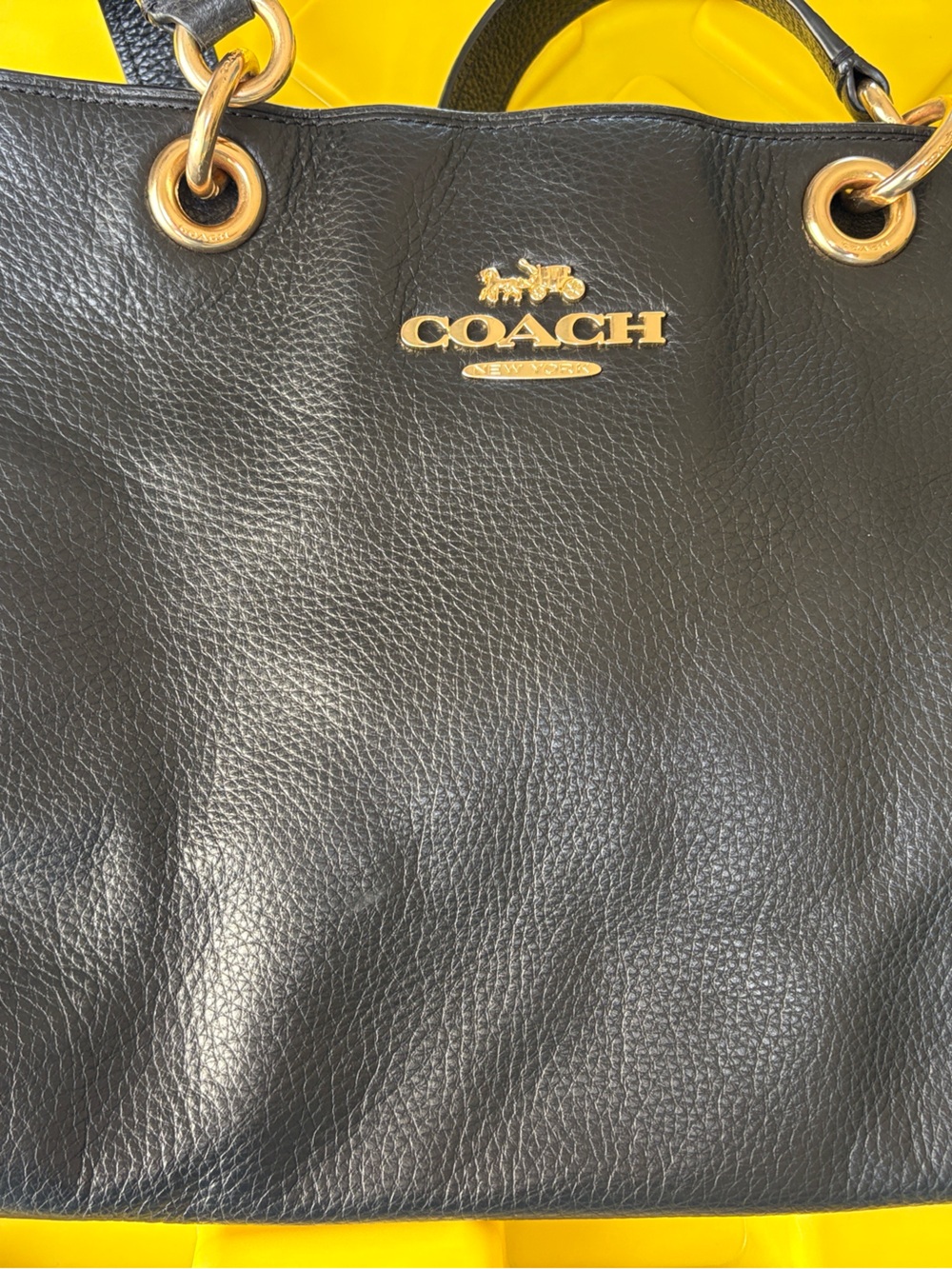 Coach Black Leather Tote with Gold-Tone Accents